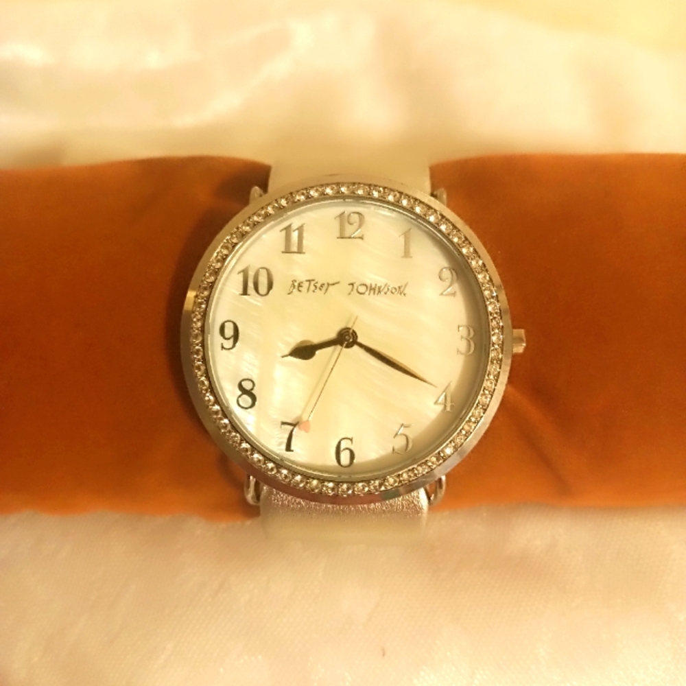 Betsey Johnson silver and animal print strap rinestone watch